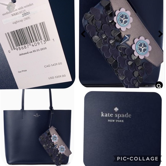 SALE💥💥KATE SPADE ZIBBI LEATHER TOTE‎ WITH WRISTLET MEDIUM SHOULDER BAG IN NAVY - Picture 4 of 5